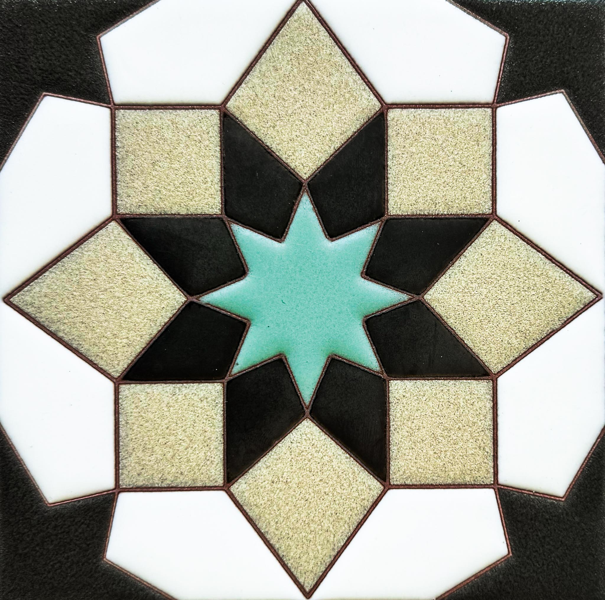 Geometric decorative tile pattern with cream, beige, charcoal, and sage green eight-point star