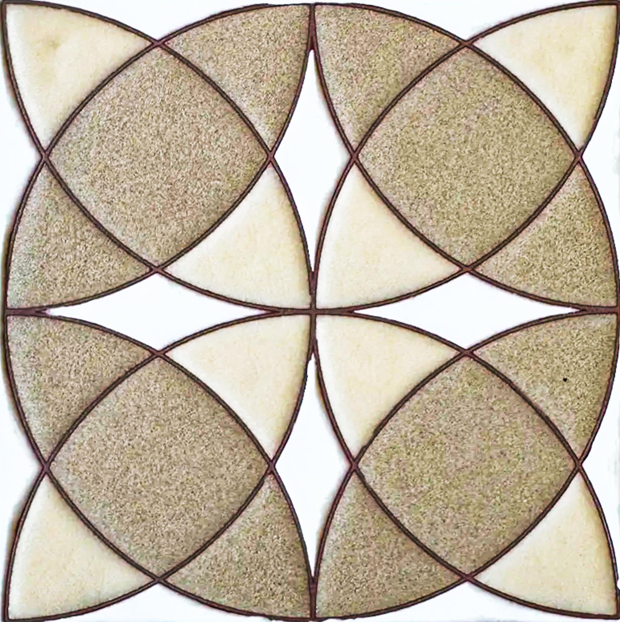 Geometric decorative tile pattern in cream and beige with curved petal shapes