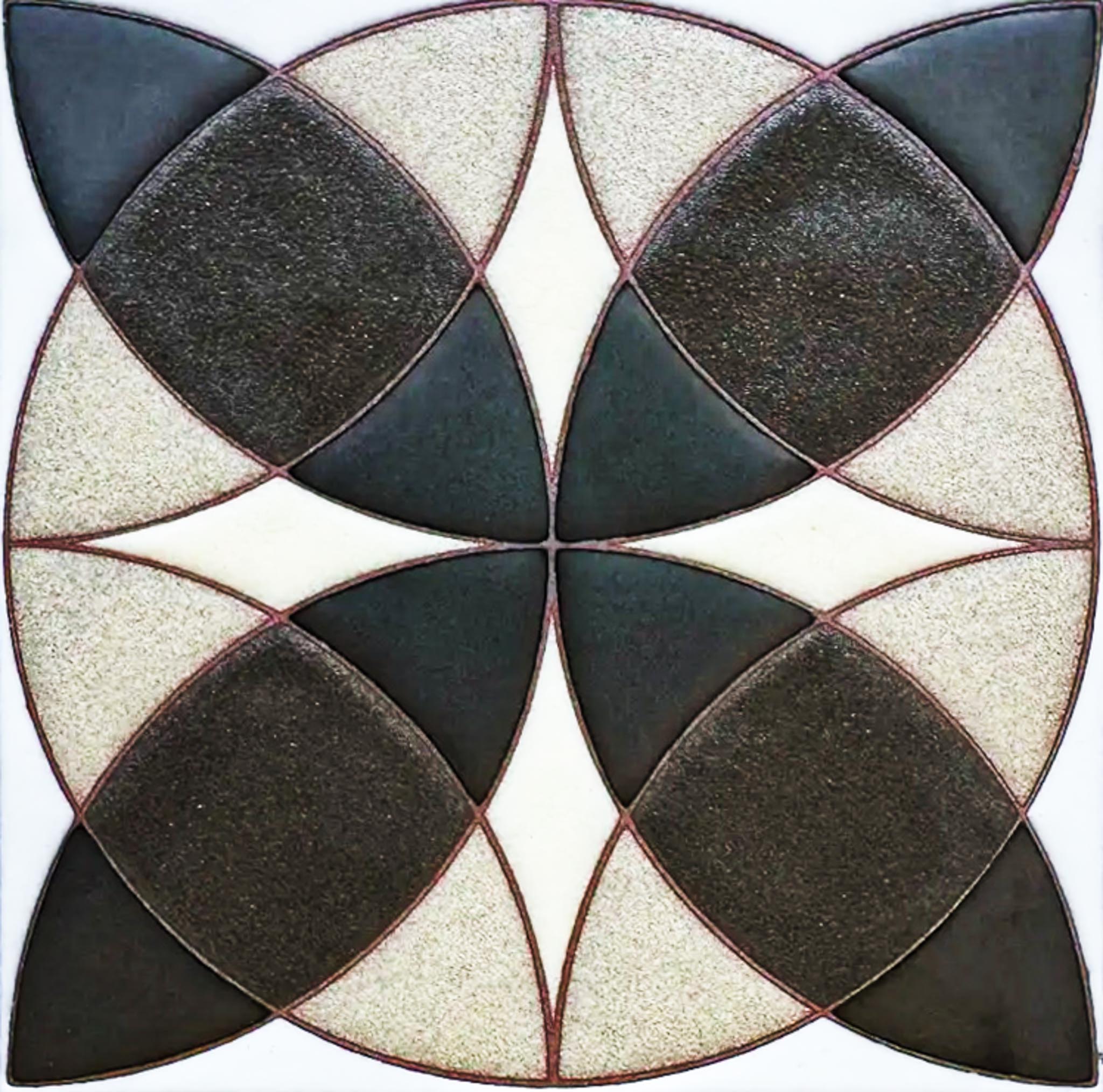 Geometric decorative tile pattern in cream, beige, and charcoal with curved petal shapes