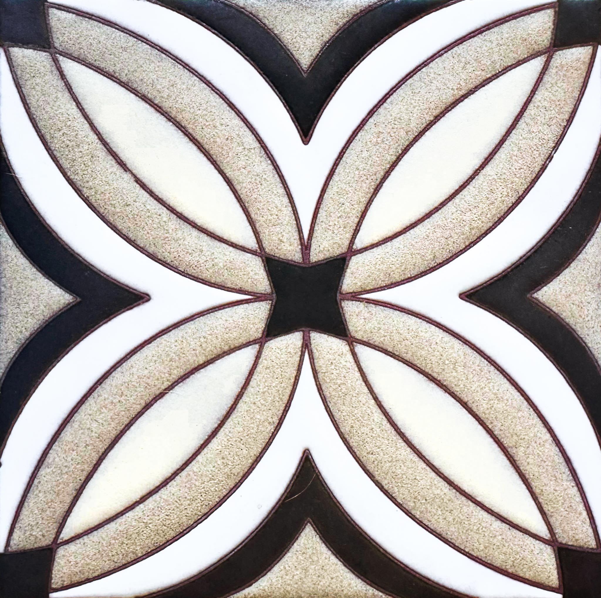Geometric decorative tile pattern in cream and beige with four-petal floral motif