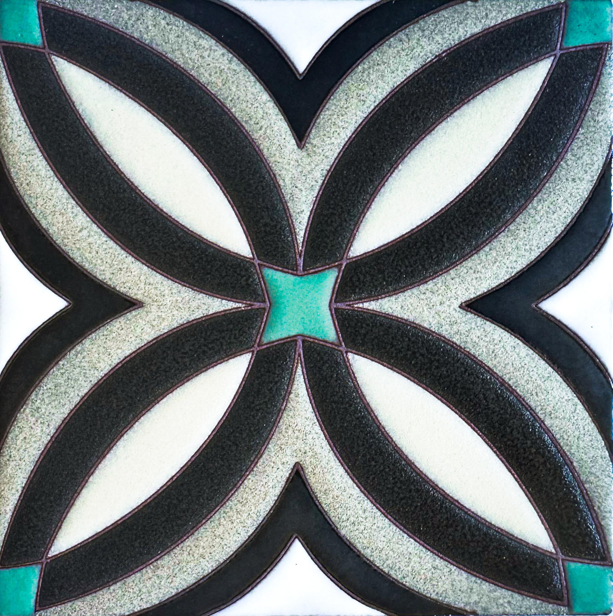 Geometric decorative tile pattern in cream, brown, and sage green with curved petal motif