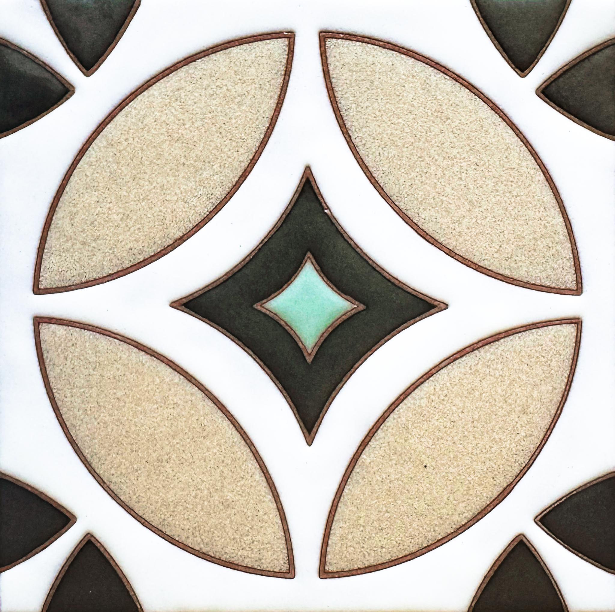 Geometric decorative tile pattern with four beige leaf shapes and a dark diamond center