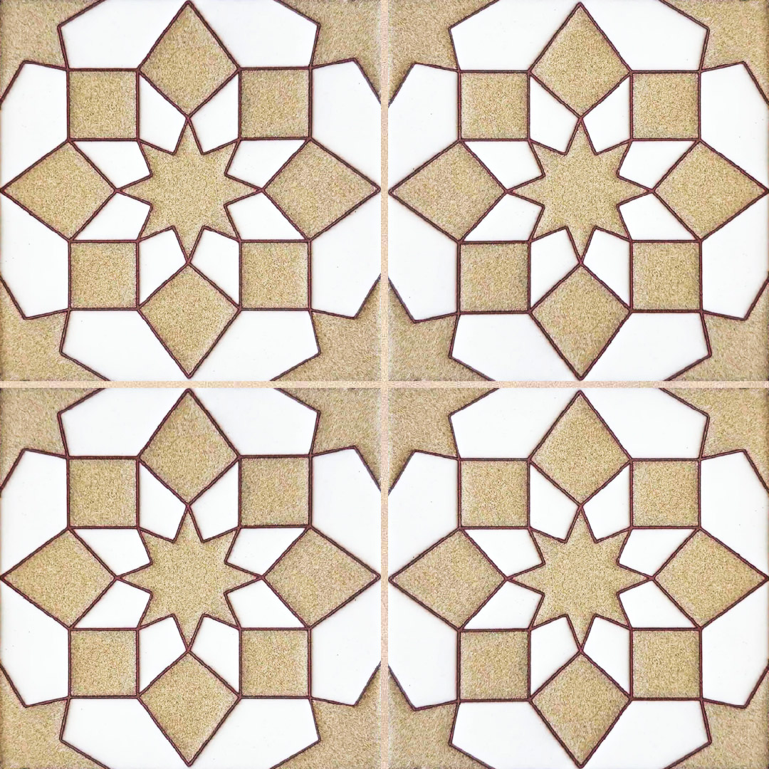 Four-tile repeating geometric pattern in neutral cream and beige tones with central star motifs