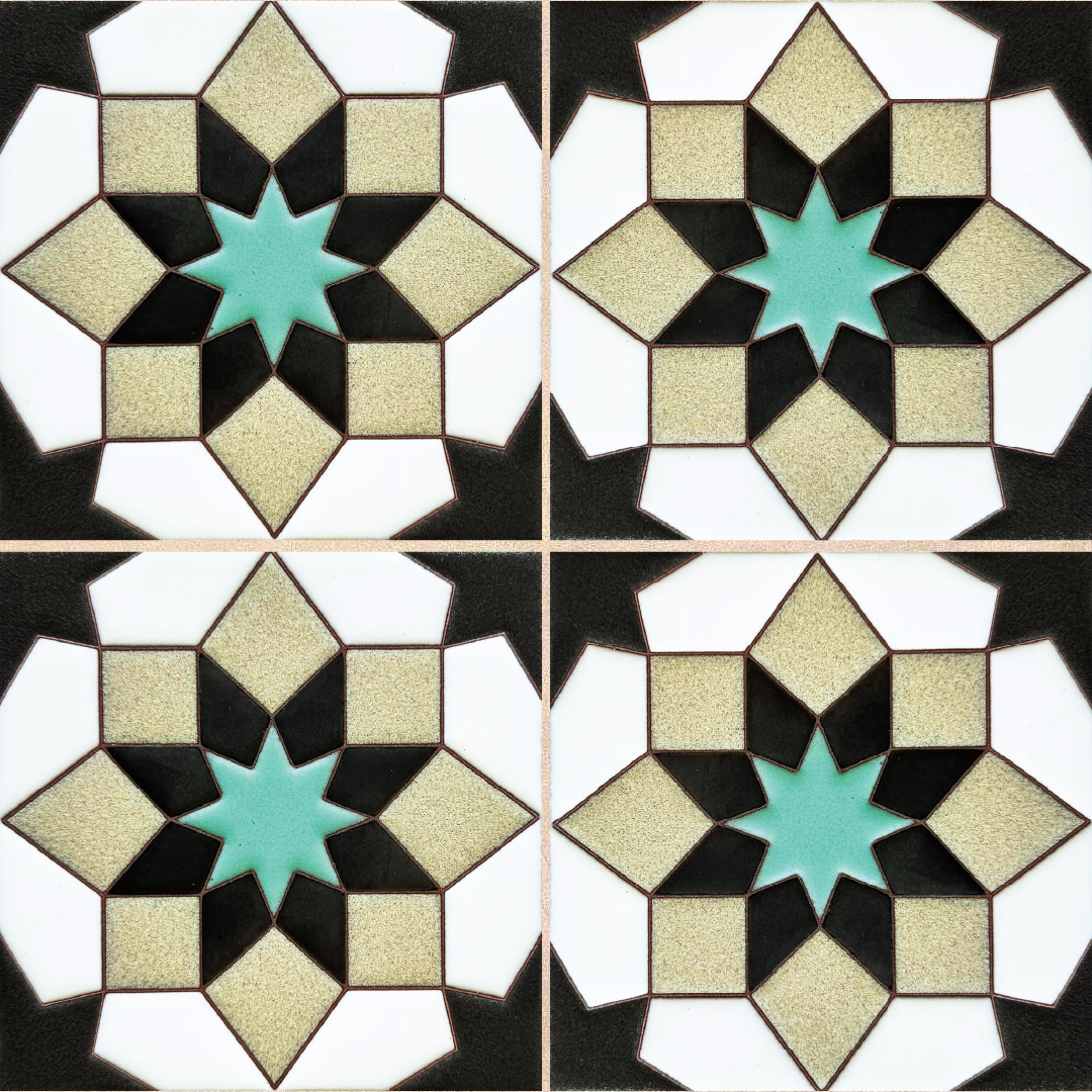 Four-tile repeating geometric pattern with cream, beige, charcoal, and sage green star motifs