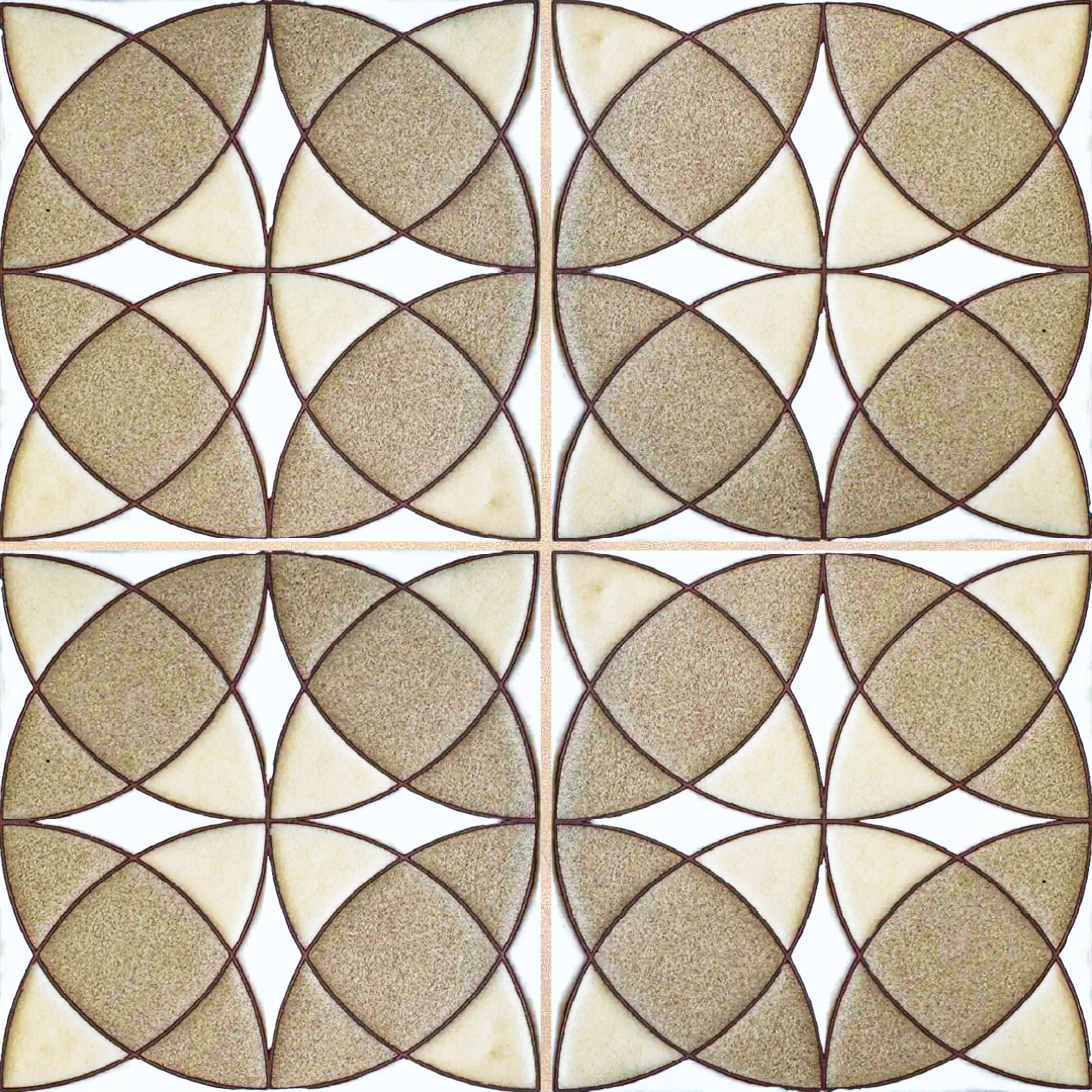 Four-tile repeating geometric pattern in cream and beige with curved petal motifs