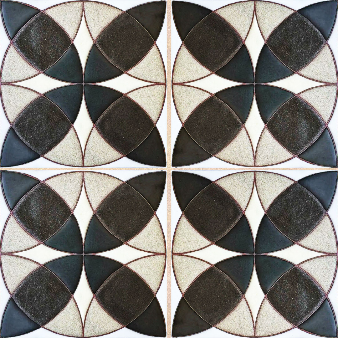 Four-tile repeating geometric pattern in cream, beige, and charcoal with petal motifs