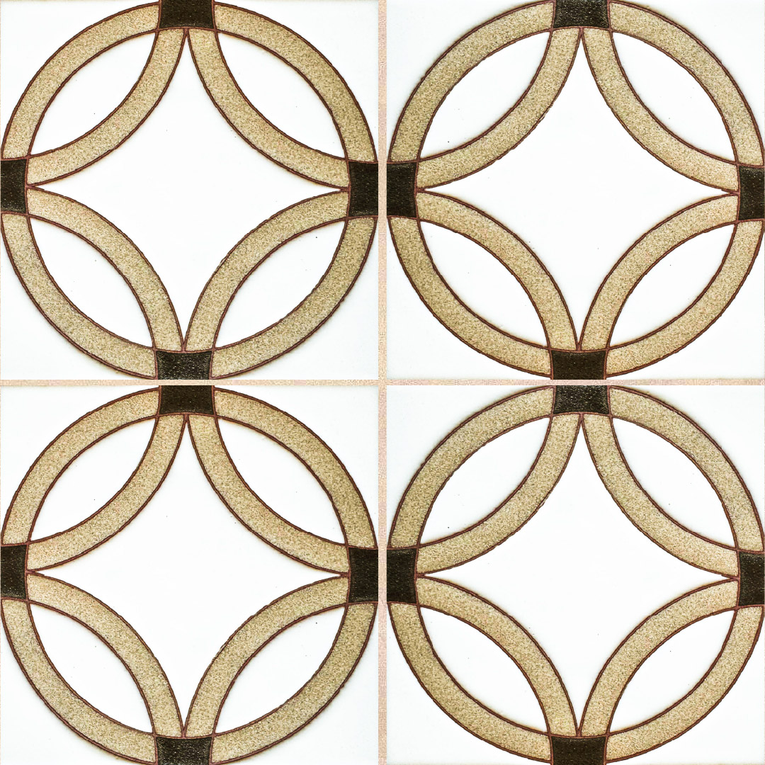 Four-tile repeating pattern with interlocking circular rings in cream, beige, and brown