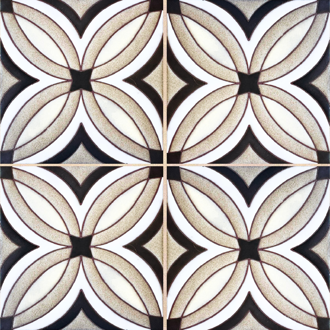Four-tile repeating geometric pattern in cream and beige with floral motifs and diamond centers