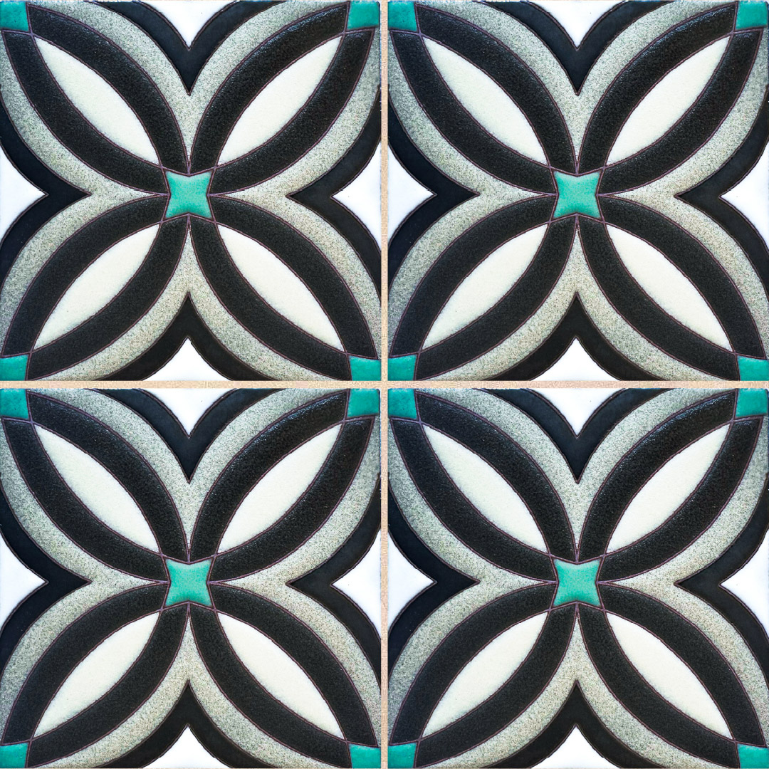 Four-tile repeating geometric pattern in cream, brown, and sage green with petal motifs