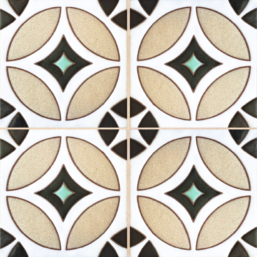 Four-tile repeating pattern with beige leaf motifs and dark diamond centers