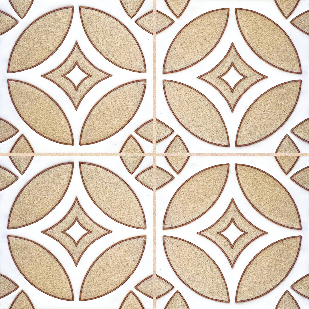 Four-tile repeating pattern with beige leaf motifs and diamond centers